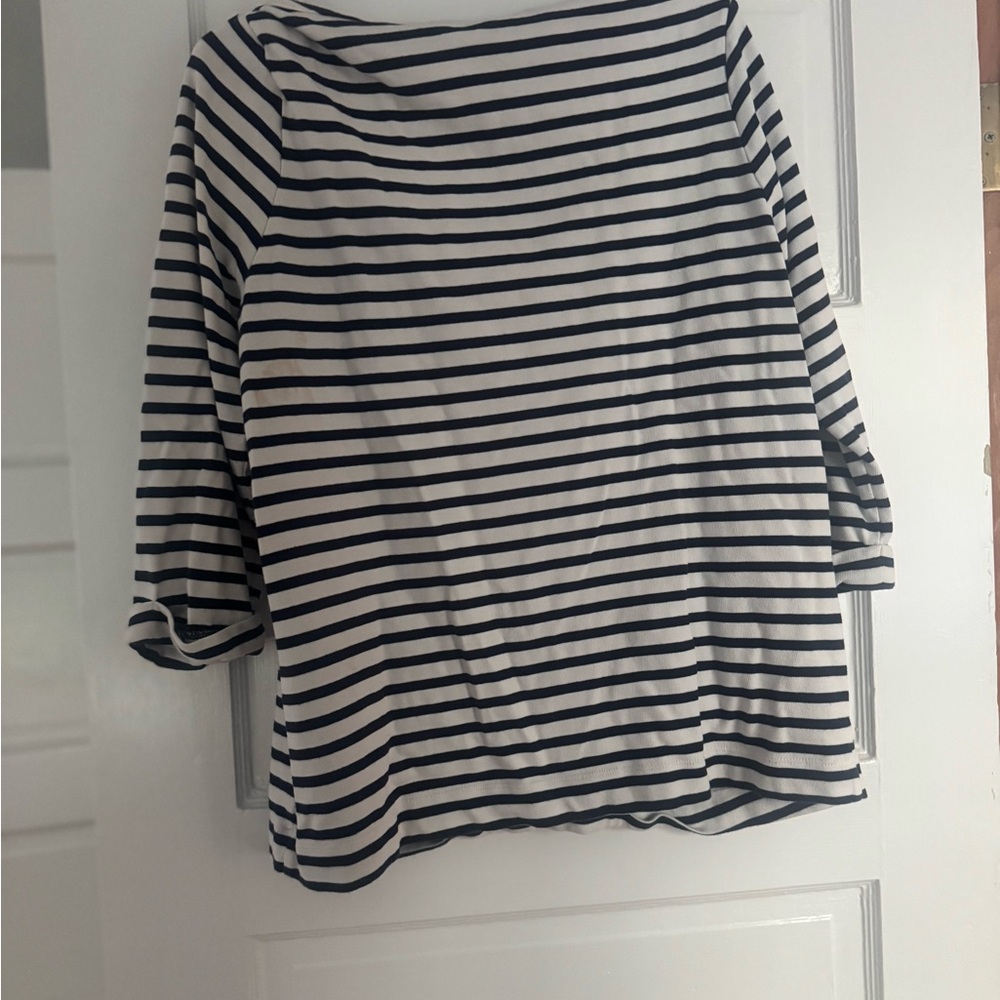 Boden blue white striped elbow sleeve soft stretch shirt top with pockets